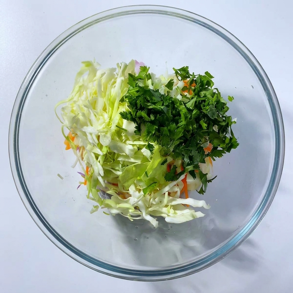 A top-down shot of a clear glass bowl filled with colorful shredded cabbage, carrots, red onion, and chopped fresh cilantro.