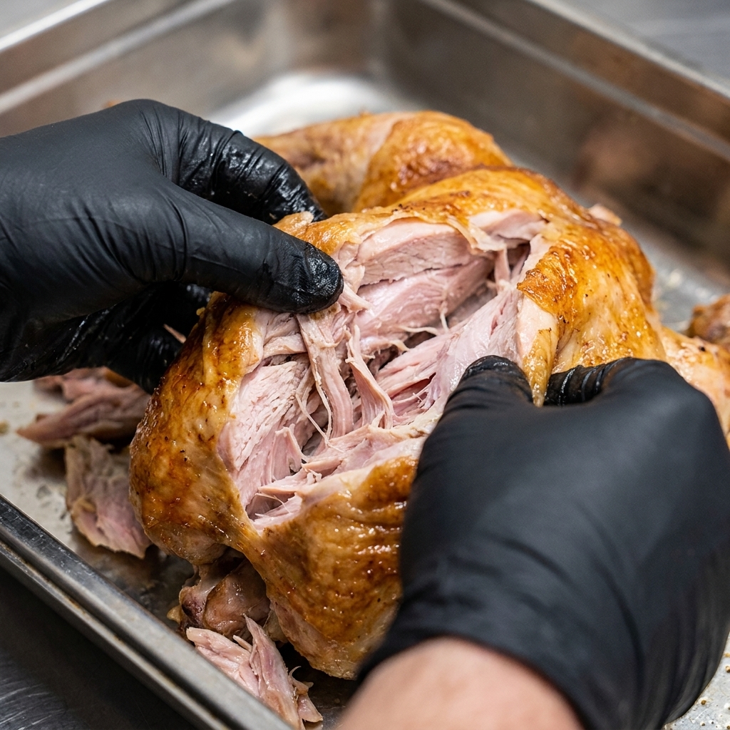 A close-up view of hands in black gloves shredding a piece of perfectly cooked, succulent roast pork inside a metal pan.
