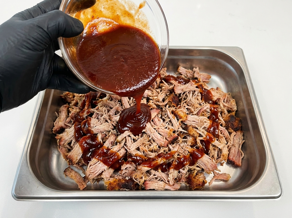 A hand in a black glove pouring a thick, dark BBQ sauce from a clear glass bowl onto a pile of shredded cooked pork in a stainless steel tray.