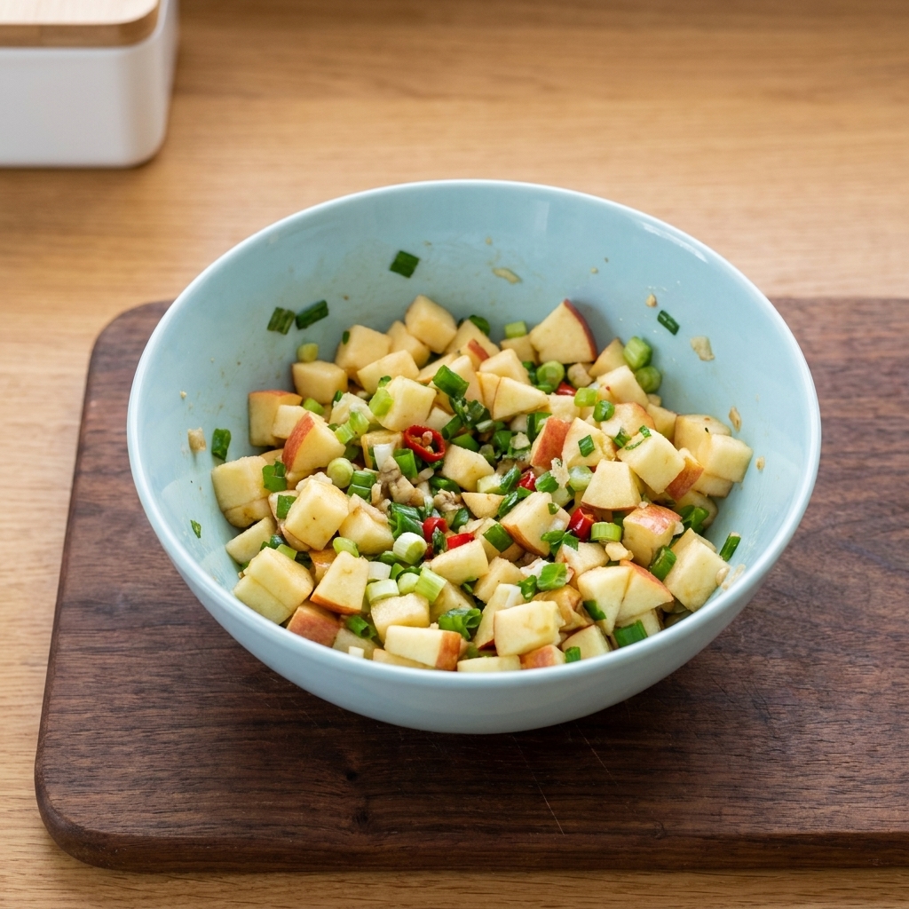 A blue bowl filled with diced pineapples, chopped green onions, and minced red chilis mixed with a yogurt base.