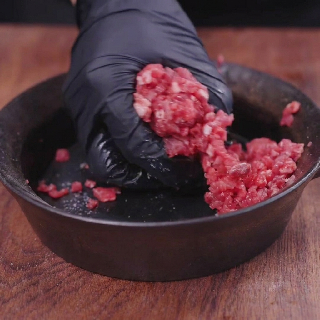 Hands in black latex gloves shaping raw ground beef mince inside a dark container.