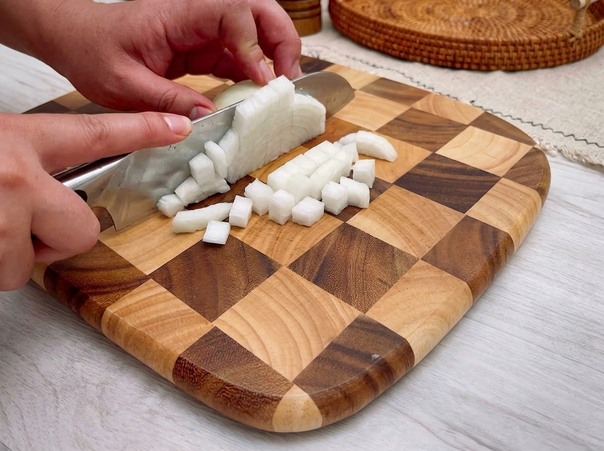 Small, uniform onion cubes on a wooden cutting board, ready for cooking.