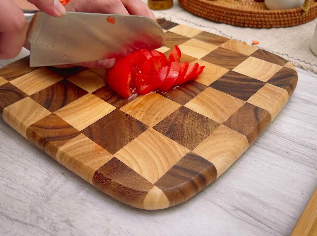 Fresh tomato slices arranged on a cutting board.