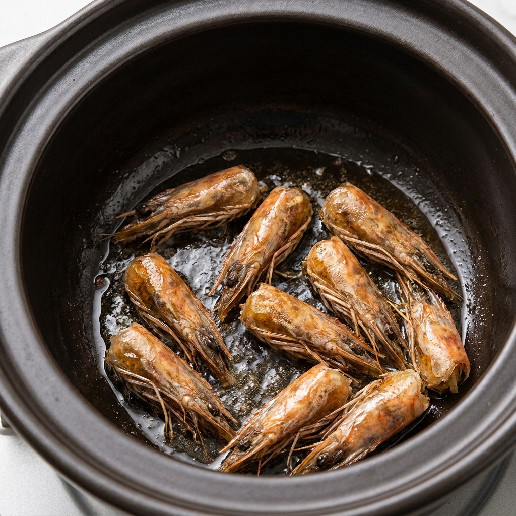 Shrimp heads frying in oil in a pot, showing deep color extraction.
