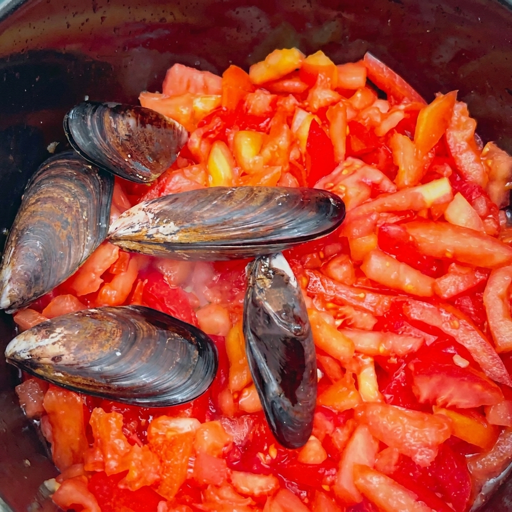 Whole black mussels resting on top of a vibrant layer of diced red tomatoes inside a cooking pot.