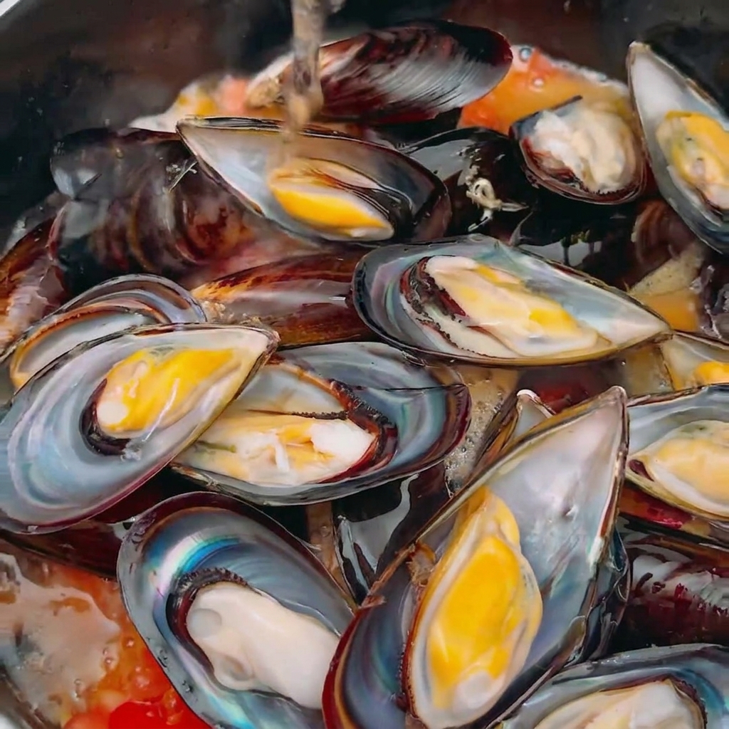 Clear liquid being poured over fresh black mussels and diced red tomatoes.
