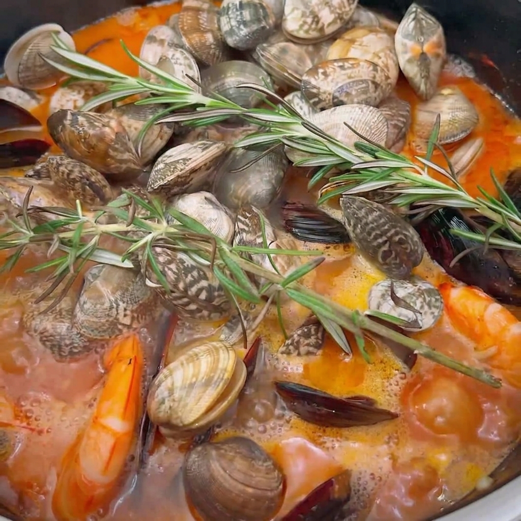 Fresh sprigs of rosemary resting on top of a pot filled with cooking clams, shrimp, and bubbling broth.