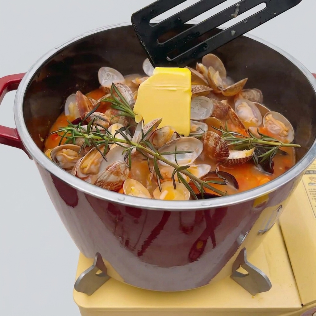 A square of yellow butter melting into a vibrant, boiling Mediterranean seafood stew.