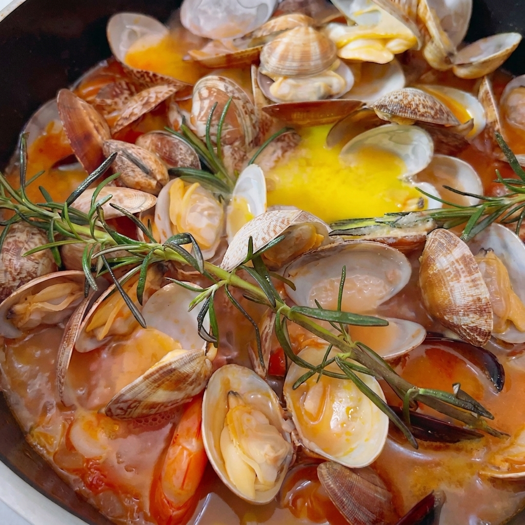 Freshly ground black pepper being seasoned over a pot of finished, bubbling Mediterranean seafood stew.