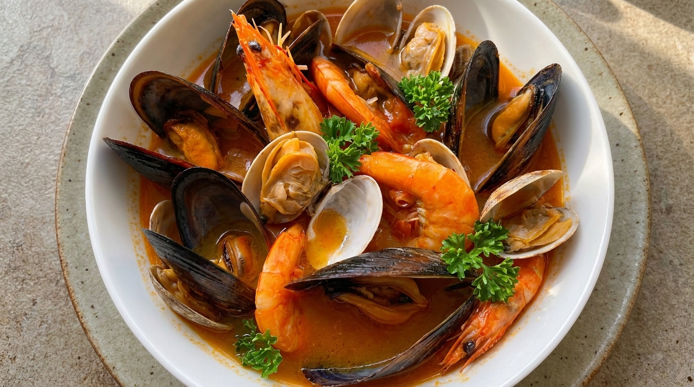 A vibrant bowl of Mediterranean seafood soup with shrimp, clams, and mussels in a rich tomato broth.
