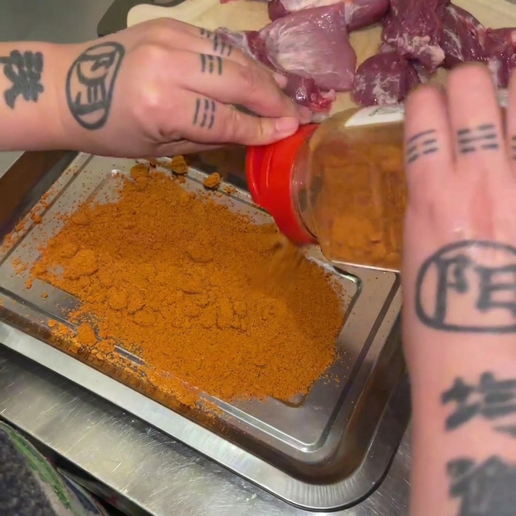 Pouring vibrant orange Cajun seasoning powder from a shaker bottle onto a flat metal tray.