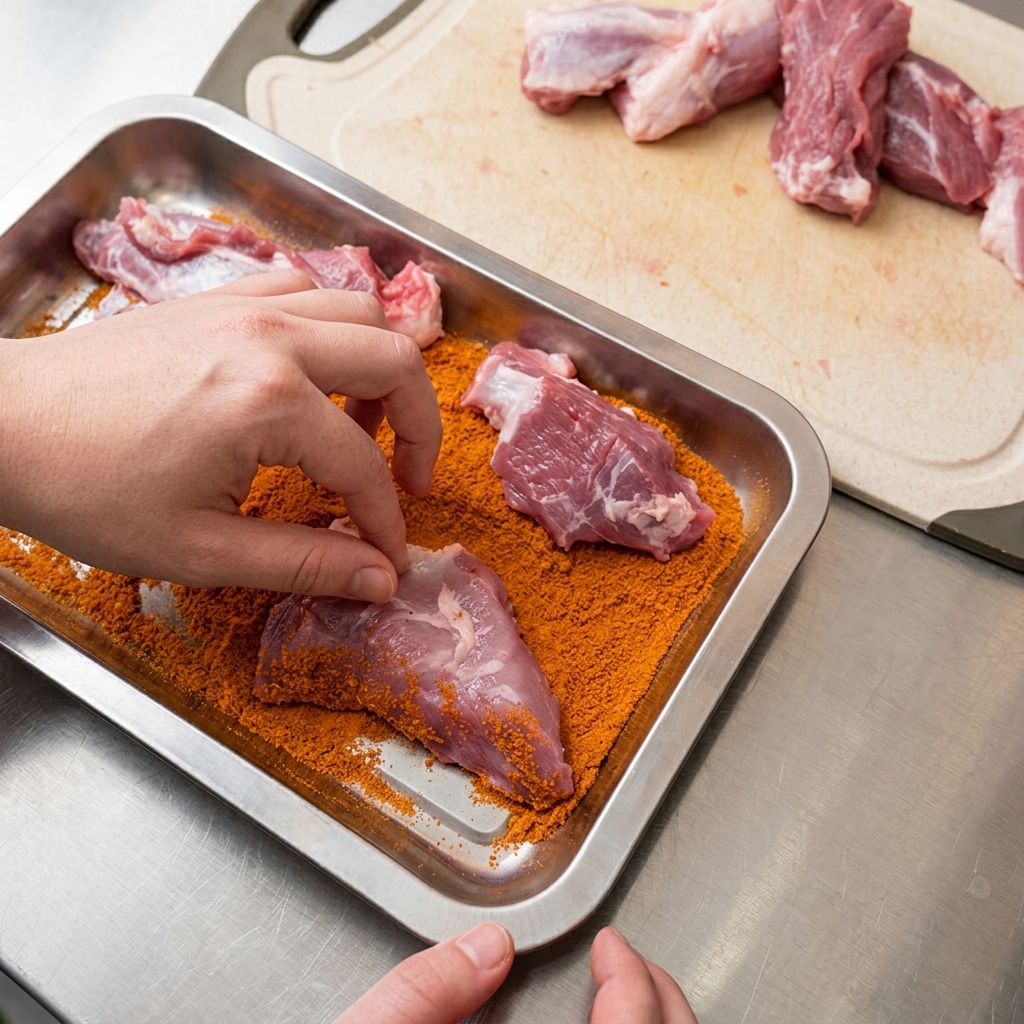 Hands pressing raw pork chunks into a bed of orange Cajun seasoning on a metal tray.
