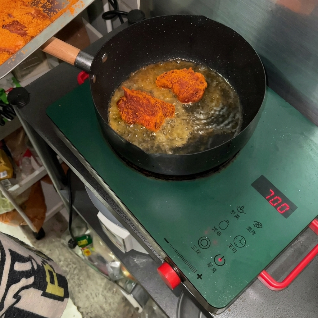 Cajun-seasoned pork chunks frying in hot bubbling oil in a black pan on an induction stove.