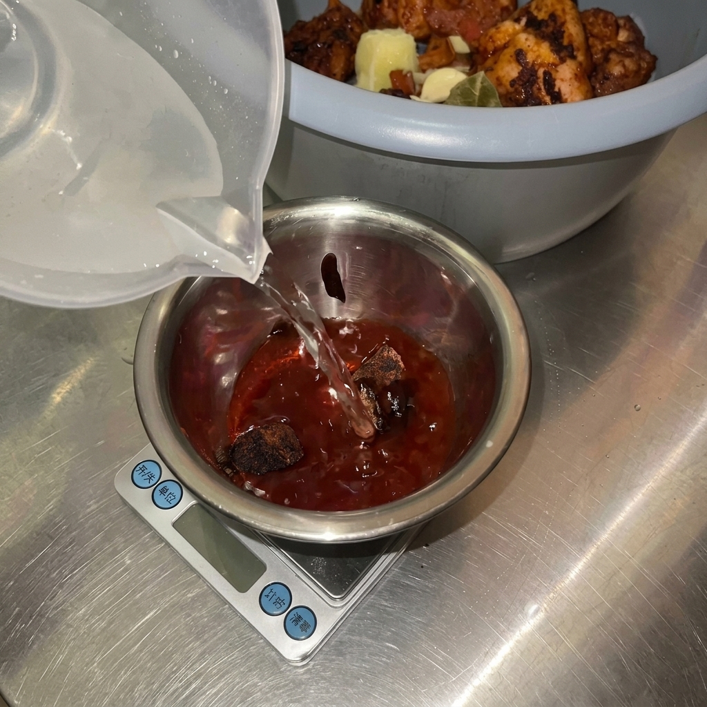 Water being poured into a metal bowl containing dark seasonings and chili powder, ready to be mixed into a sauce.