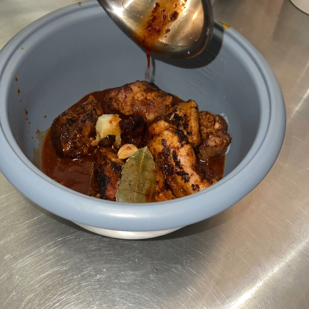 Sauce being poured from a metal ladle over browned pork chunks and aromatics inside a gray rice cooker pot.