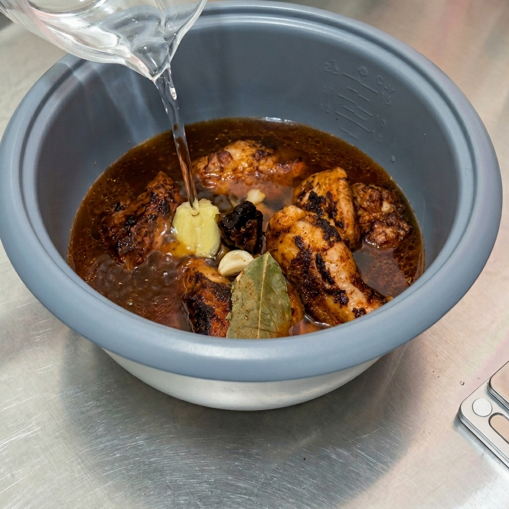 Clear water being poured from a measuring cup into a rice cooker pot, submerging the pork pieces, garlic, and bay leaves.