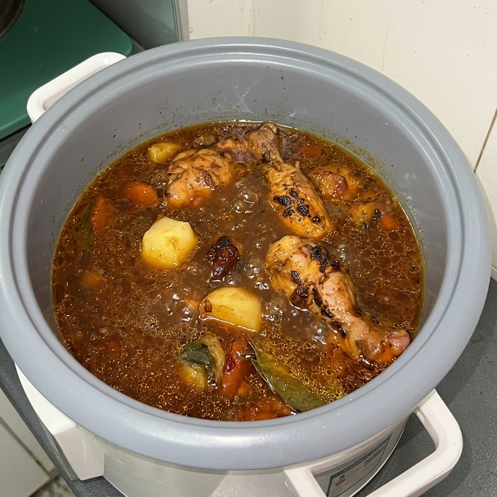 The contents of the rice cooker pot, including pork and broth, simmering as the slow cooking process begins.