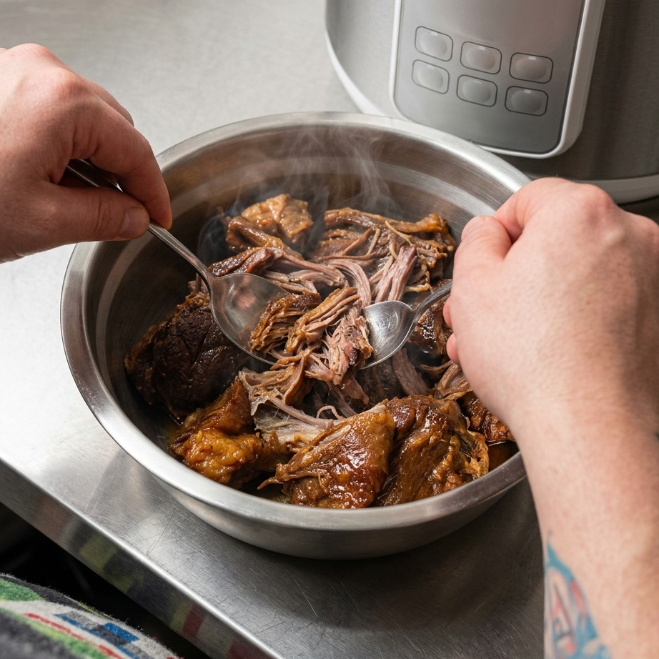 Hands using two metallic utensils to shred tender, cooked pork chunks into thin strands inside a metal mixing bowl.