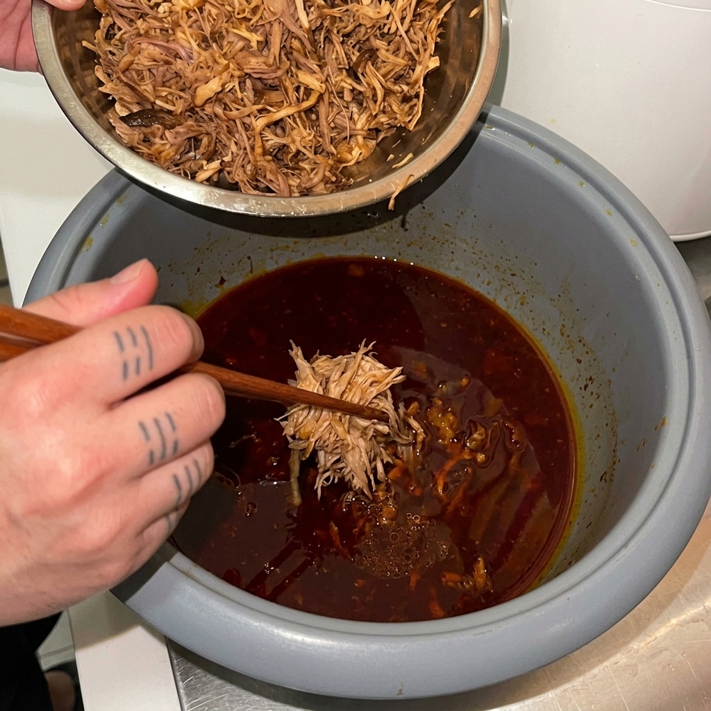 Shredded pork being added back into the dark, seasoned sauce within the rice cooker pot using wooden chopsticks.