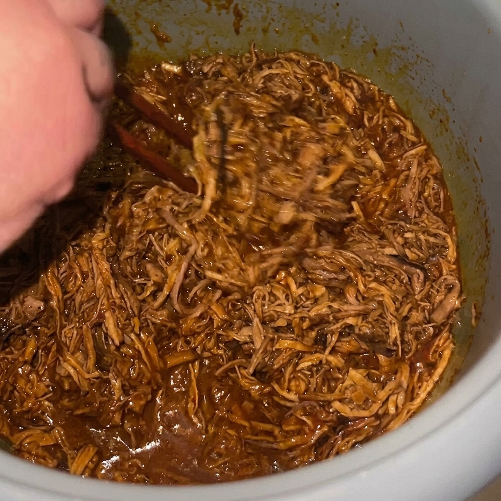 Pulled pork being stirred in a pot with a rich, dark sauce, fully shredded and ready for final simmering.