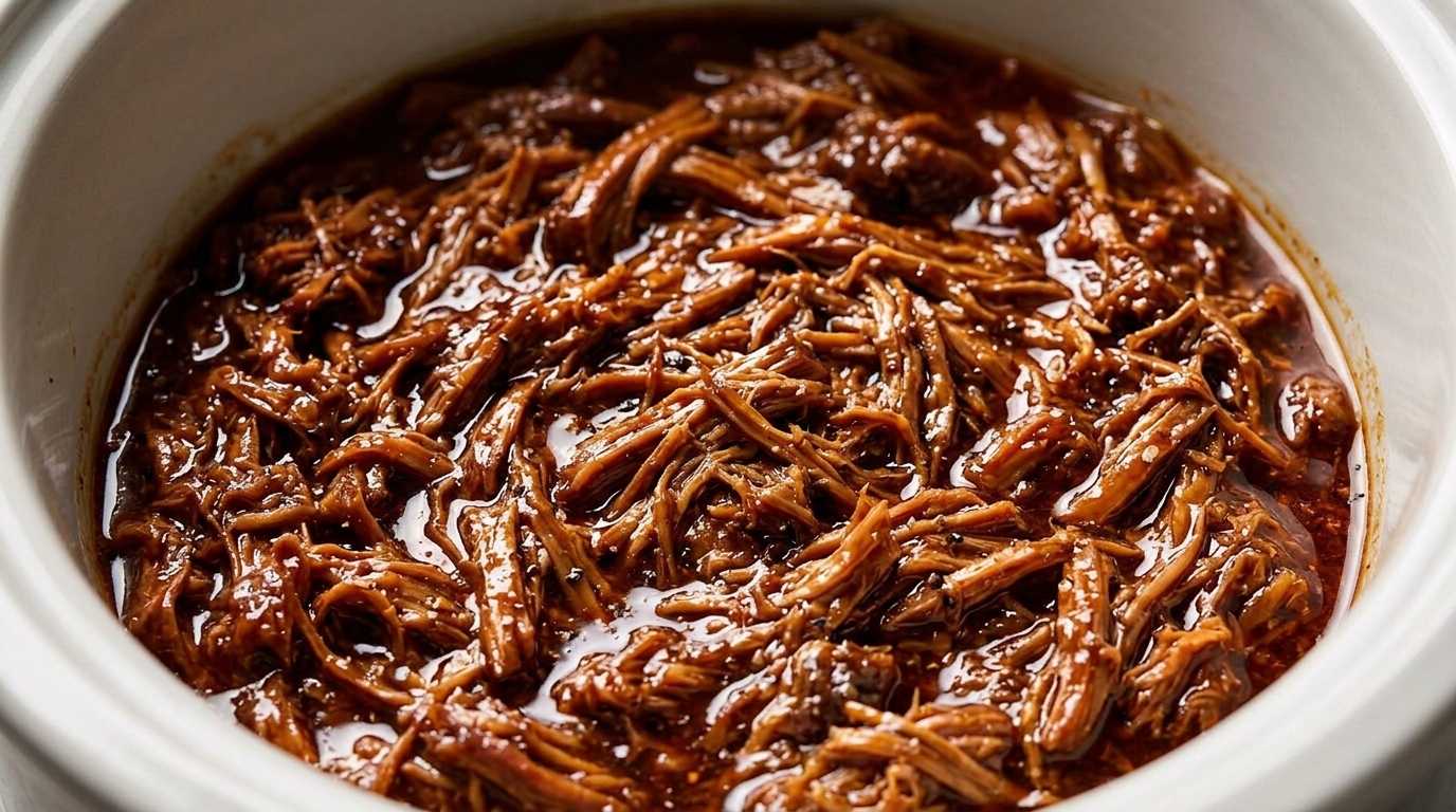 Rich, shredded pulled pork coated in a dark, glossy sauce, ready for serving.