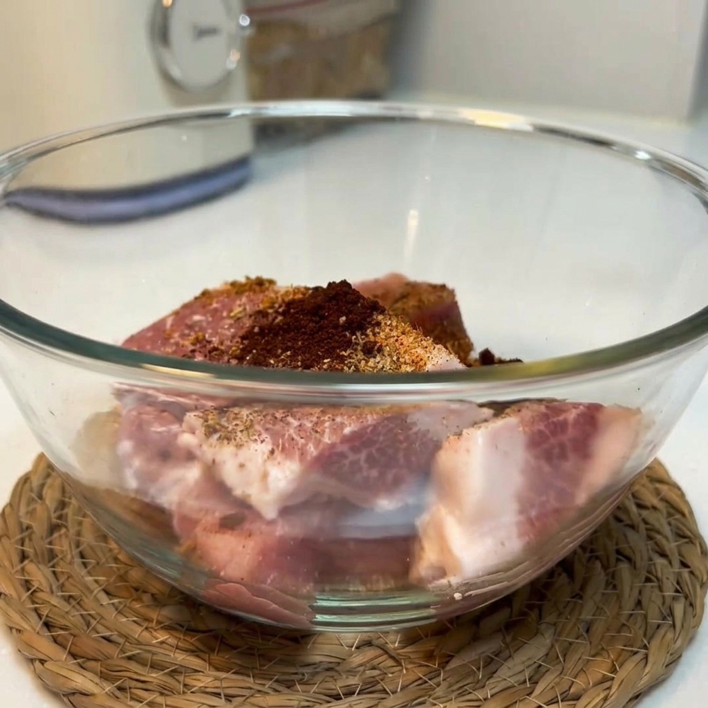 Chunks of raw pork collar topped with dry spices like sweet paprika, garlic powder, and cumin inside a clear glass bowl.