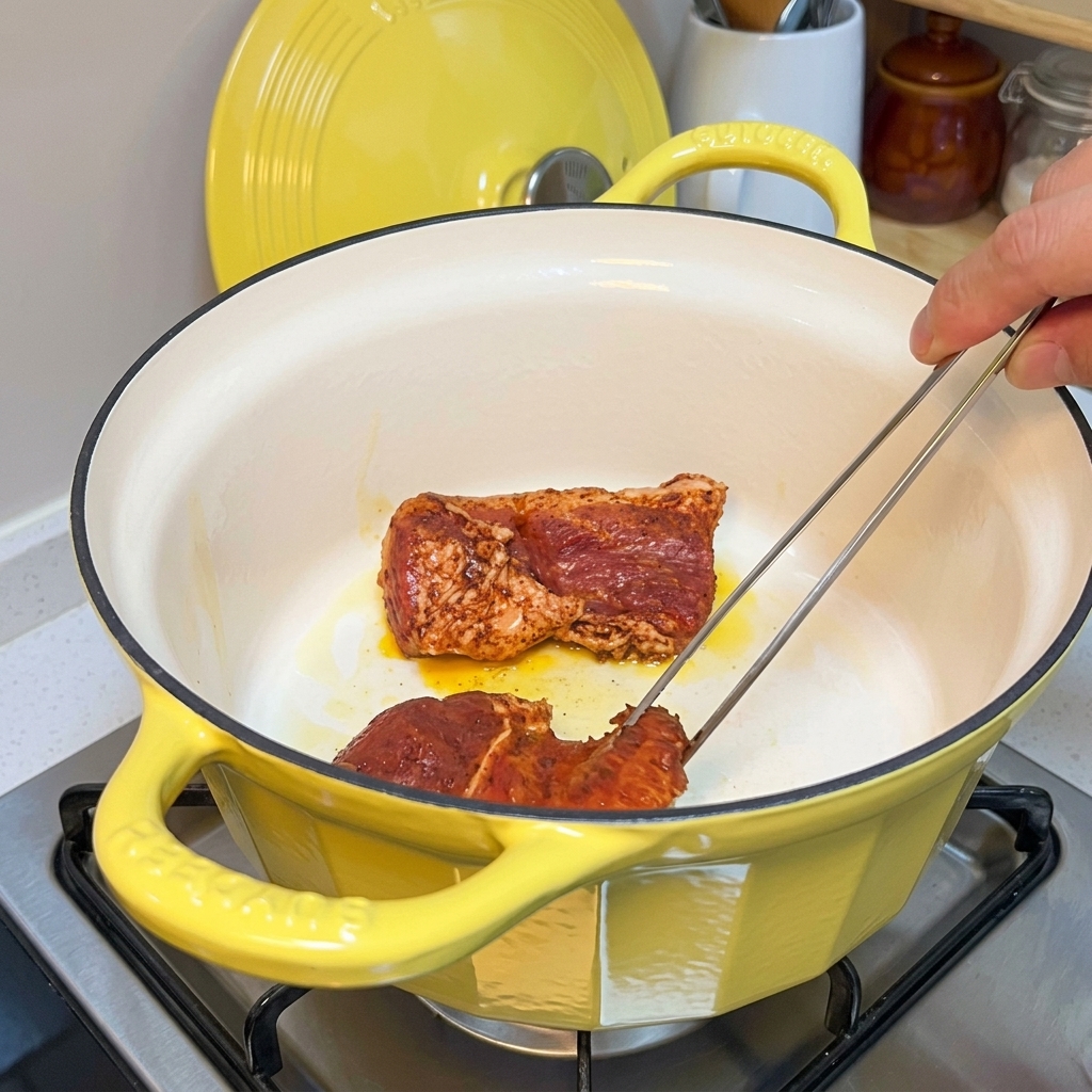 Metal tongs flipping seasoned pork pieces that are searing in hot oil inside a bright yellow enamel cast-iron pot.