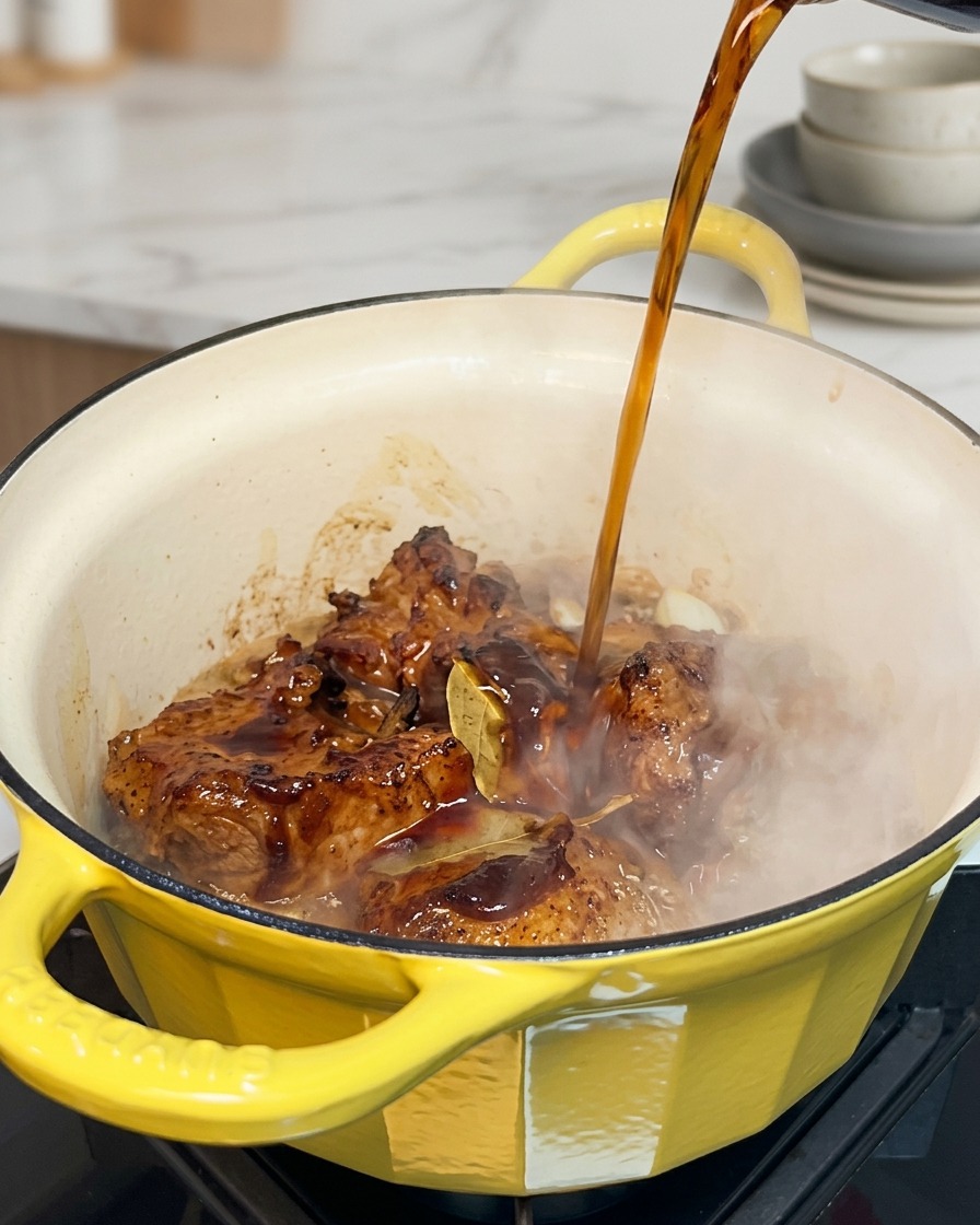 Dark cola being poured into a yellow cast-iron pot filled with seared pork chunks, sautéed onions, a bay leaf, and barbecue sauce.