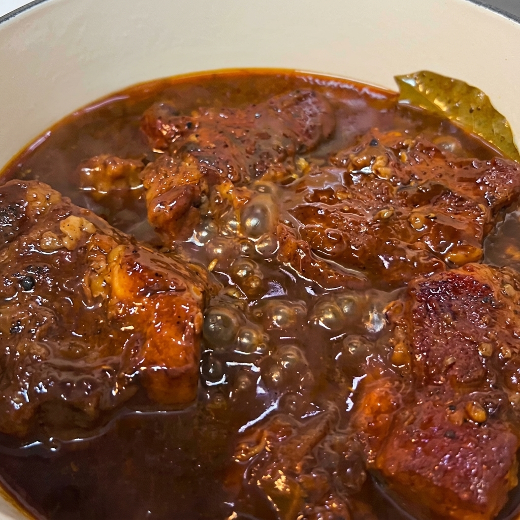 Tender pieces of pork simmering in a dark, thick, bubbling reduced sauce inside a yellow cast-iron pot.