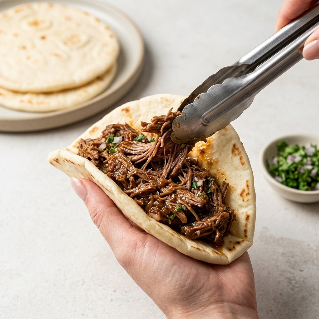 A close-up of a hand holding a soft, warmed taco tortilla while metal tongs place a generous serving of saucy, dark shredded pork inside.