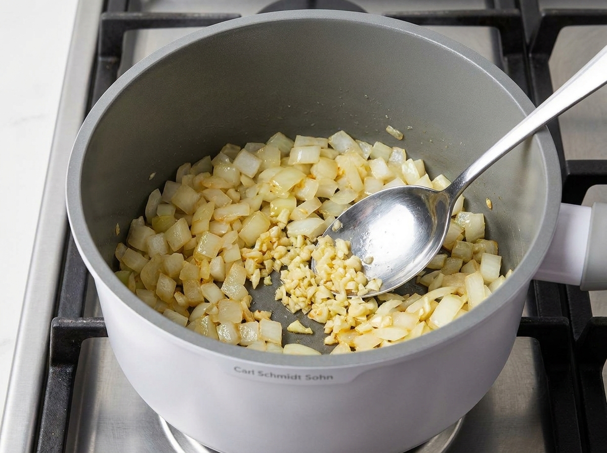 Finely chopped onions, garlic, and celery cooking in a pot with rosemary.