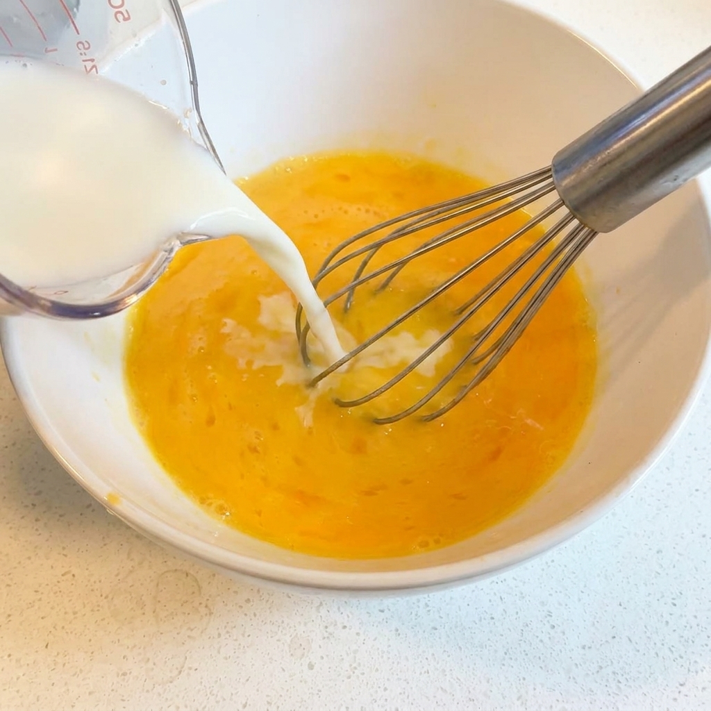 Hot broth being slowly whisked into a bowl of beaten eggs and lemon juice.