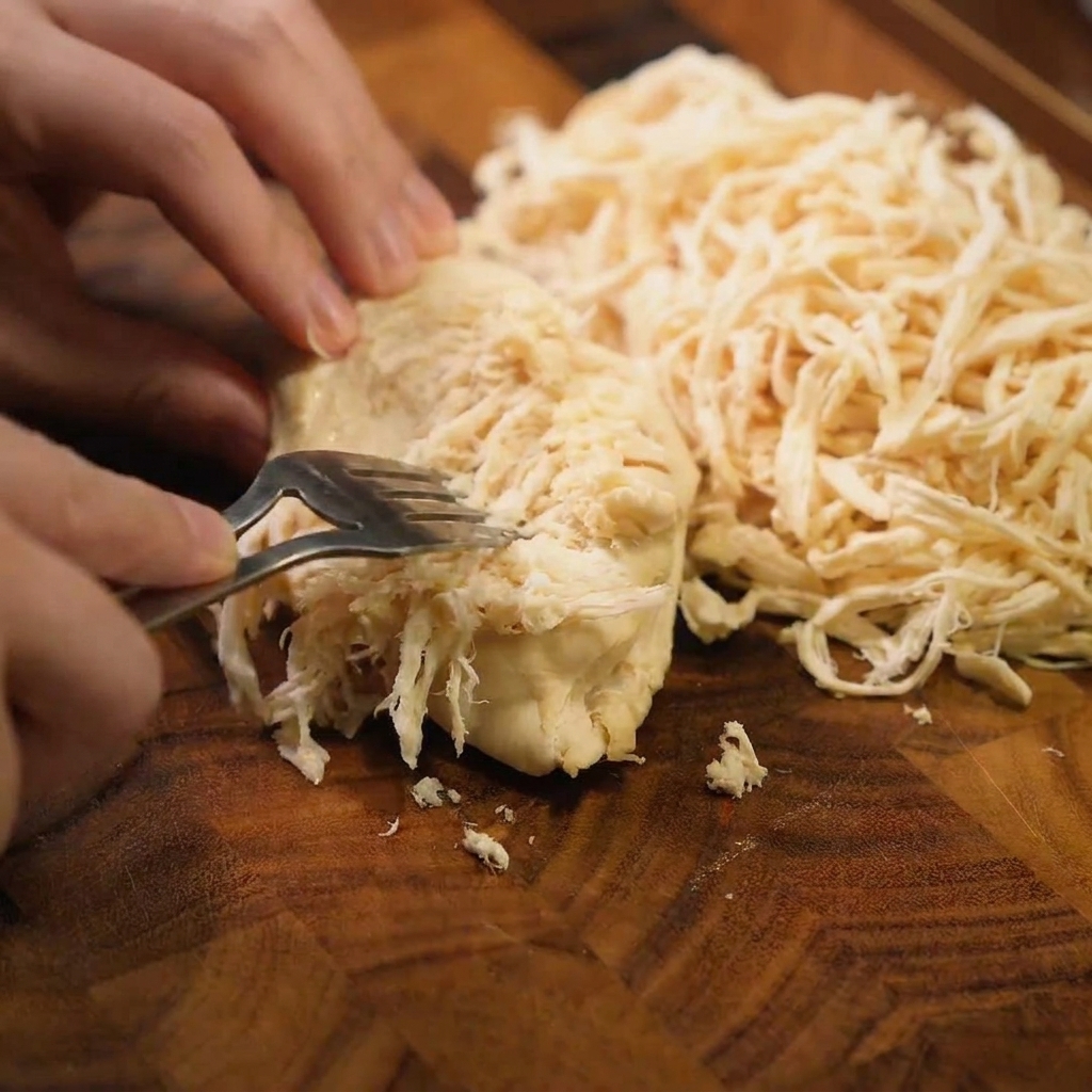 Shredded chicken breast in a metal bowl, prepared for use in soup.