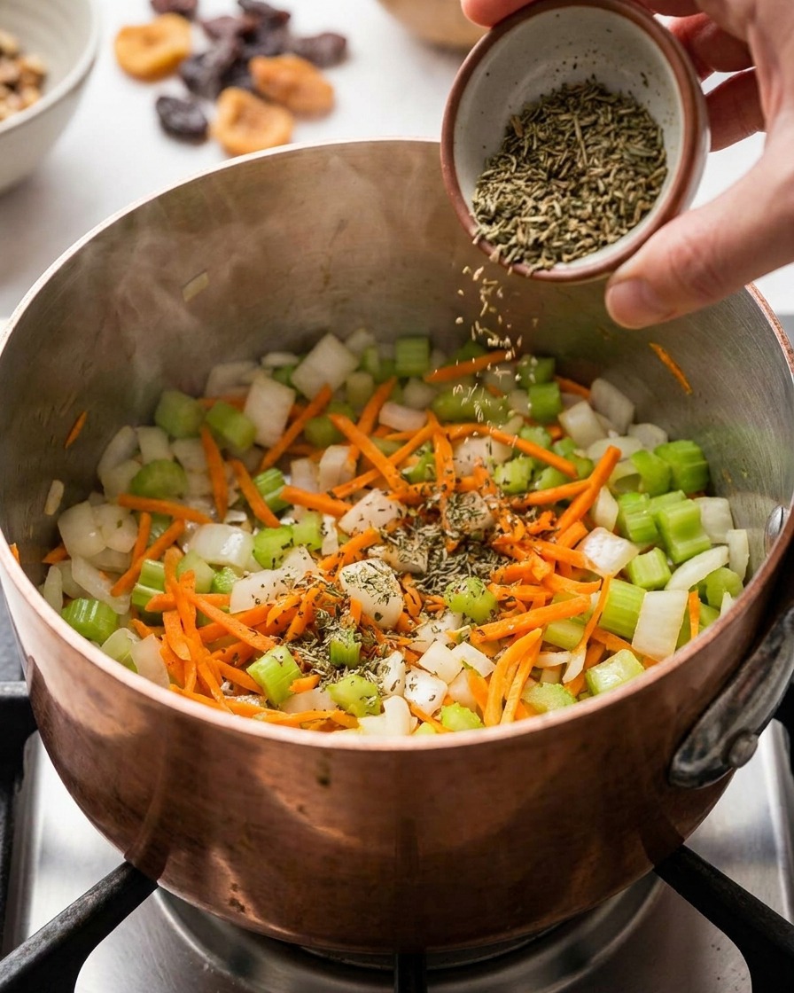 Herbs de Provence being sprinkled into a pot of softened vegetables.