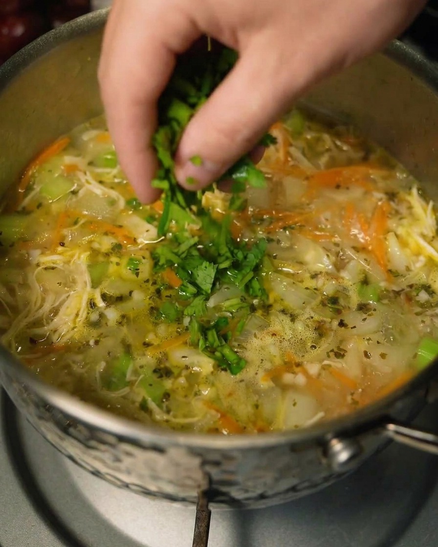 A ladle adding fresh chopped cilantro into the pot of finished chicken and vegetable soup.