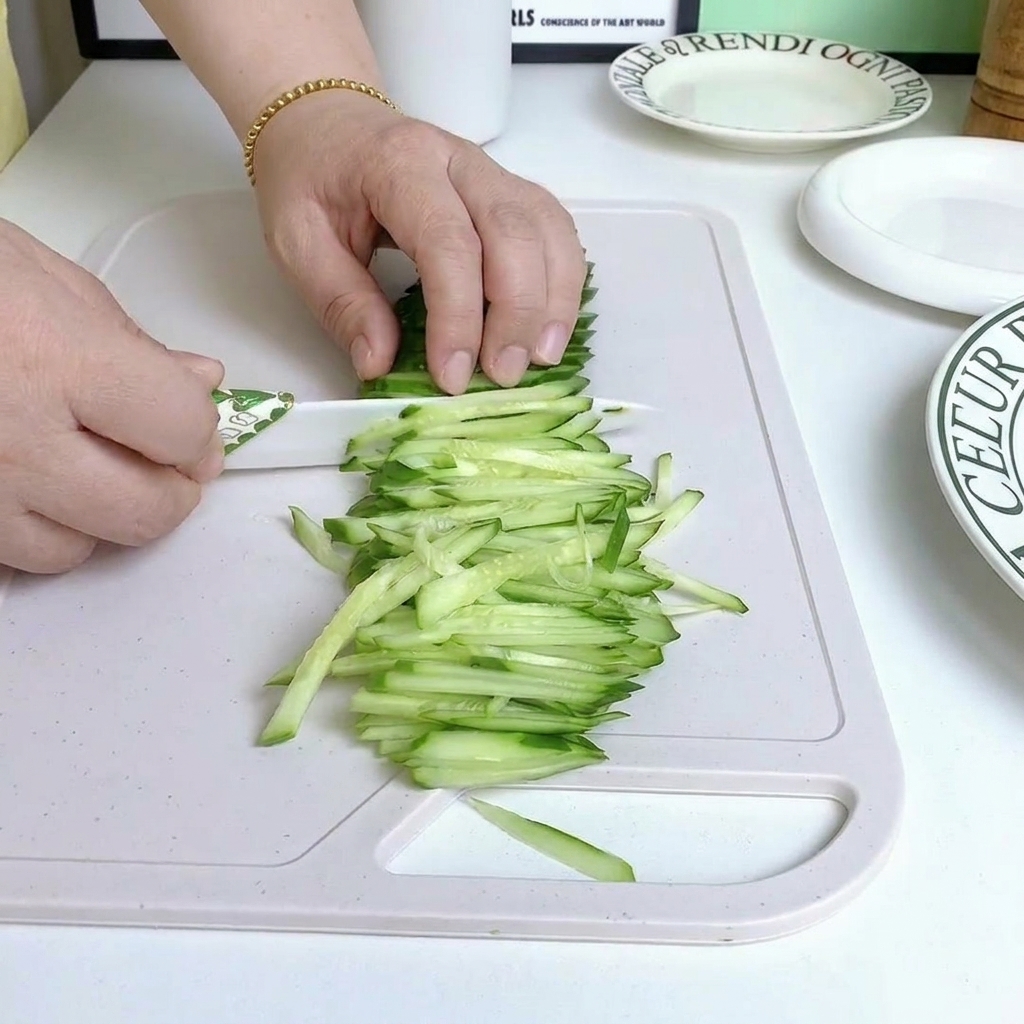 Yellow bell pepper being sliced into thin, vibrant strips on a cutting board.