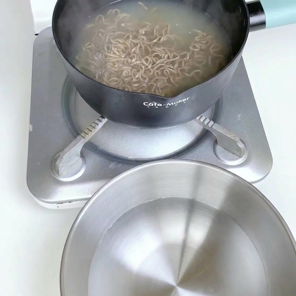 Cooked buckwheat noodles being rinsed in a strainer under cold running water.