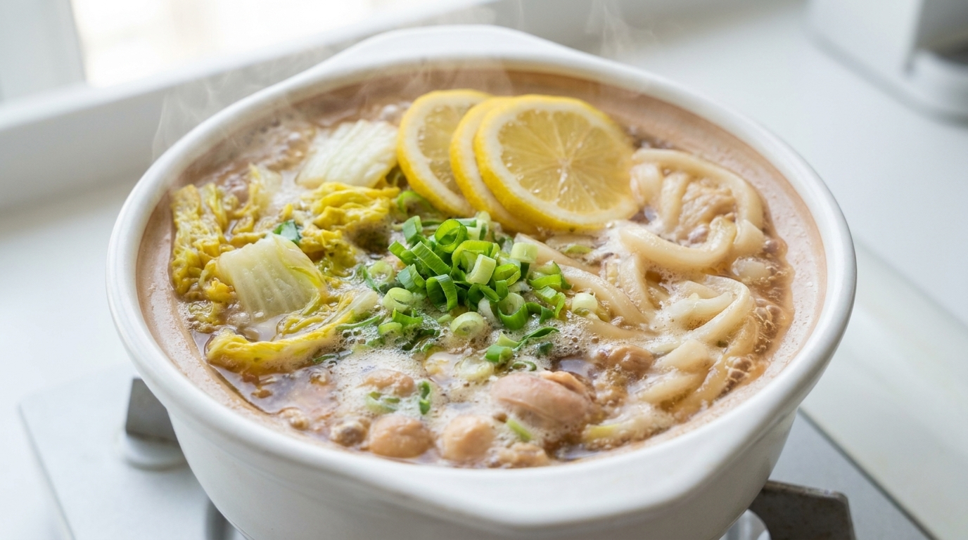 A finished white pot of lemon chicken udon noodle soup garnished with green onions and fresh yellow lemon slices.
