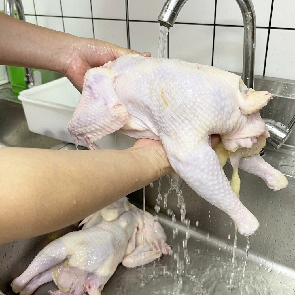 A whole raw chicken being held under running water in a stainless steel sink.