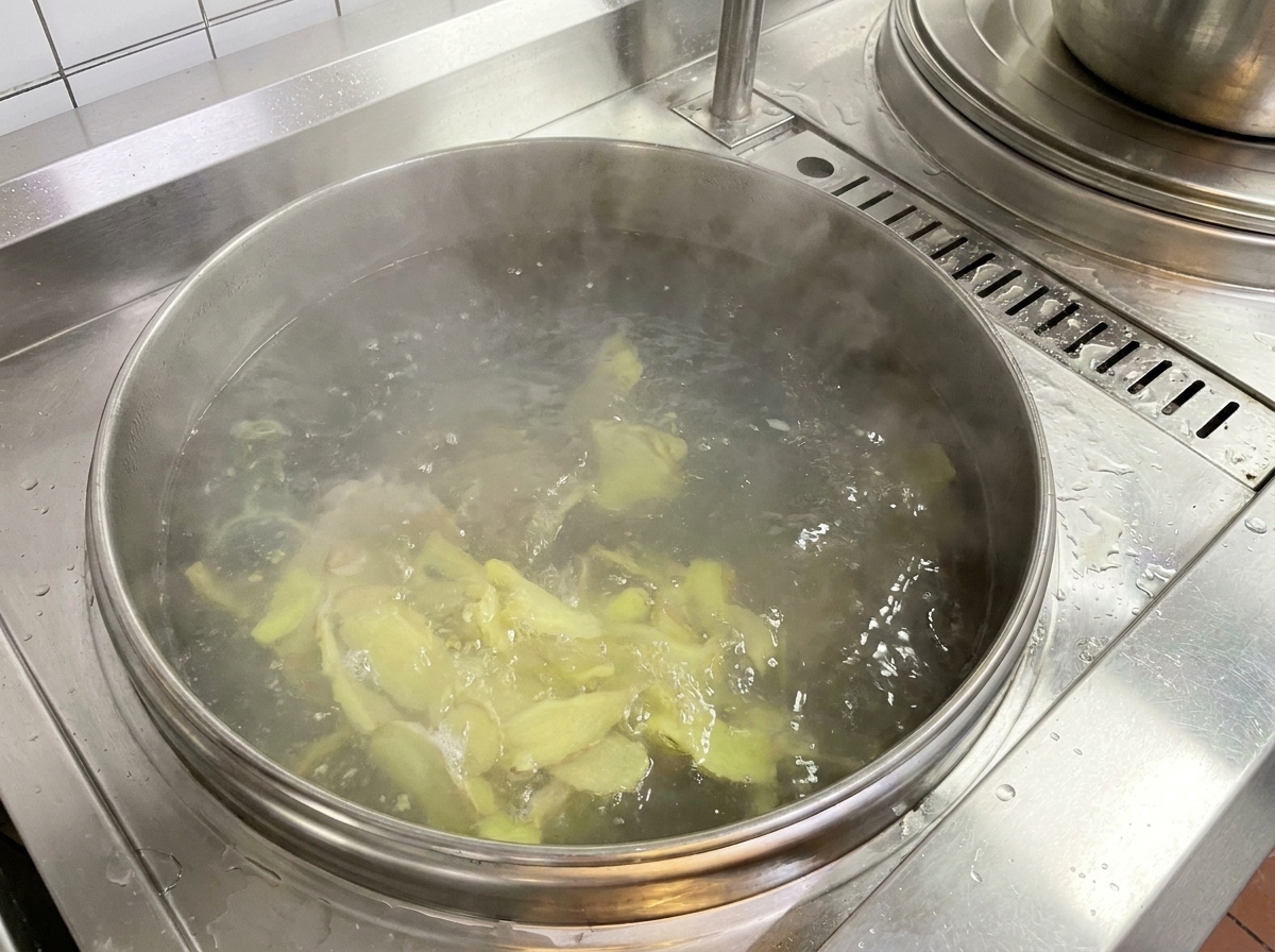 Slices of ginger being added to a large pot of boiling water.