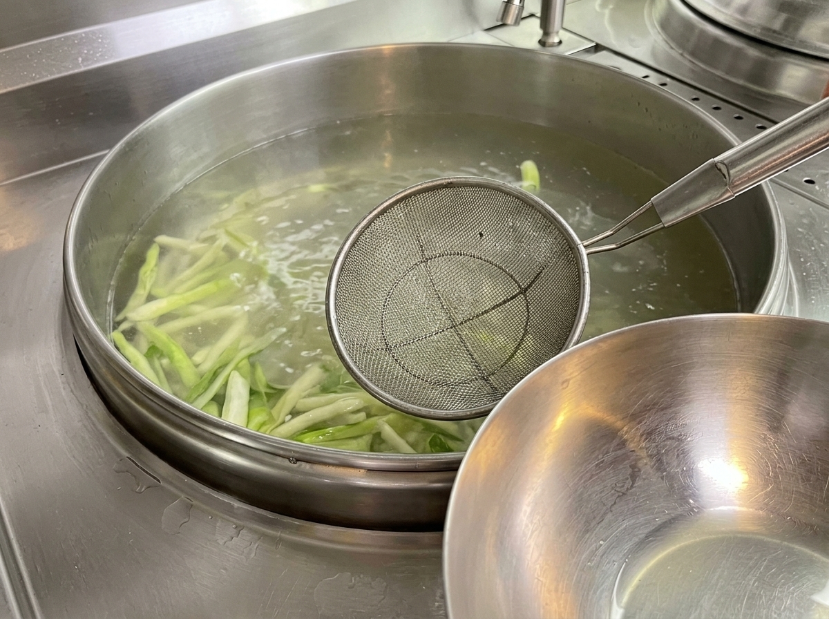 A fine-mesh strainer being used to skim foam from the surface of boiling broth.
