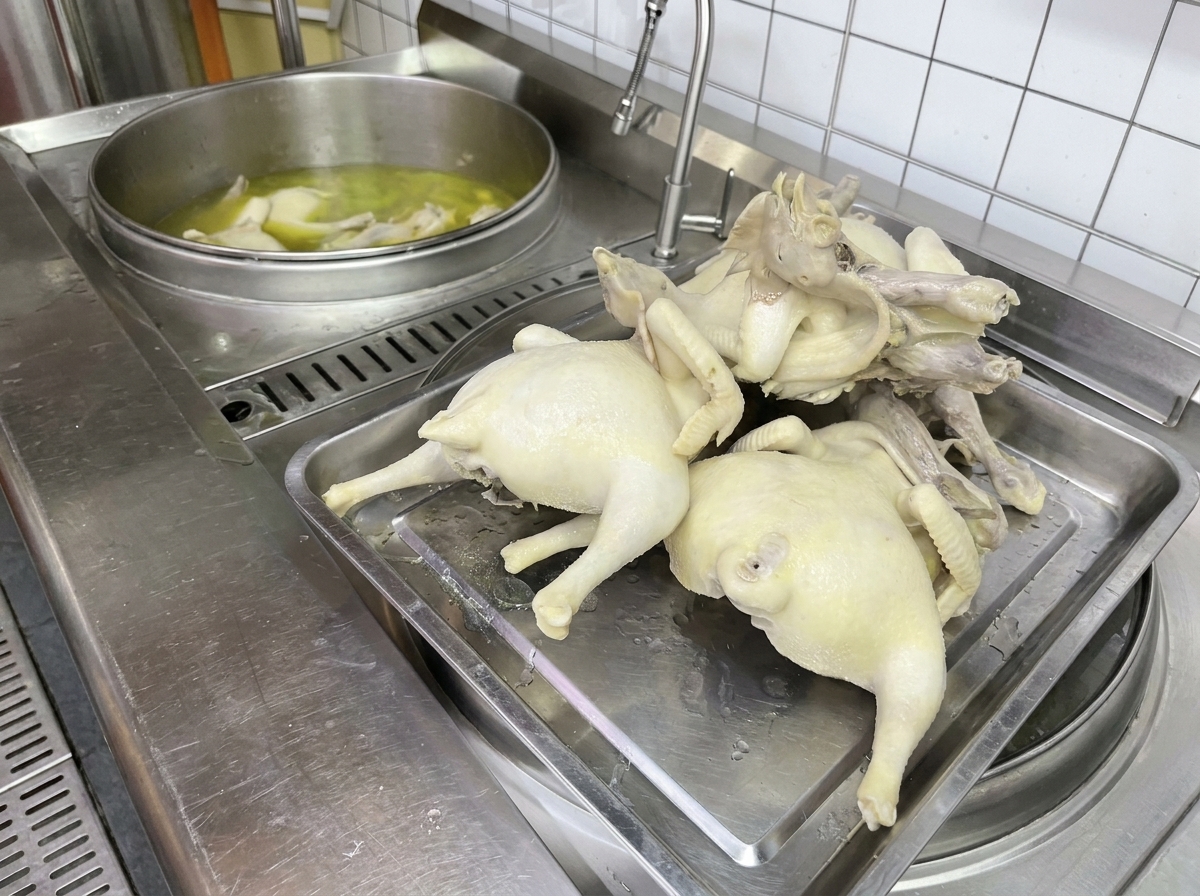 Cooked whole chickens placed on a stainless steel tray after being removed from the broth.