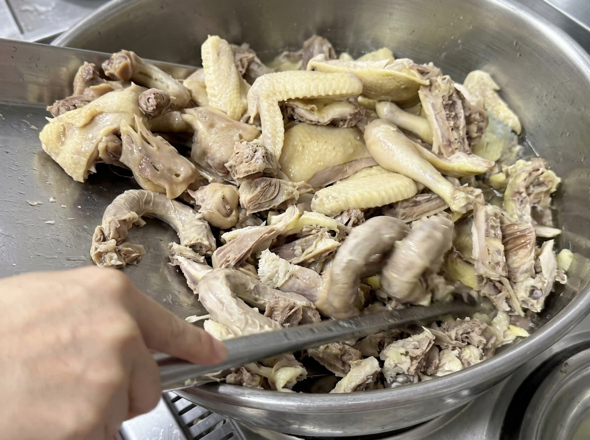 Chicken pieces being added to a large pot of boiling water.