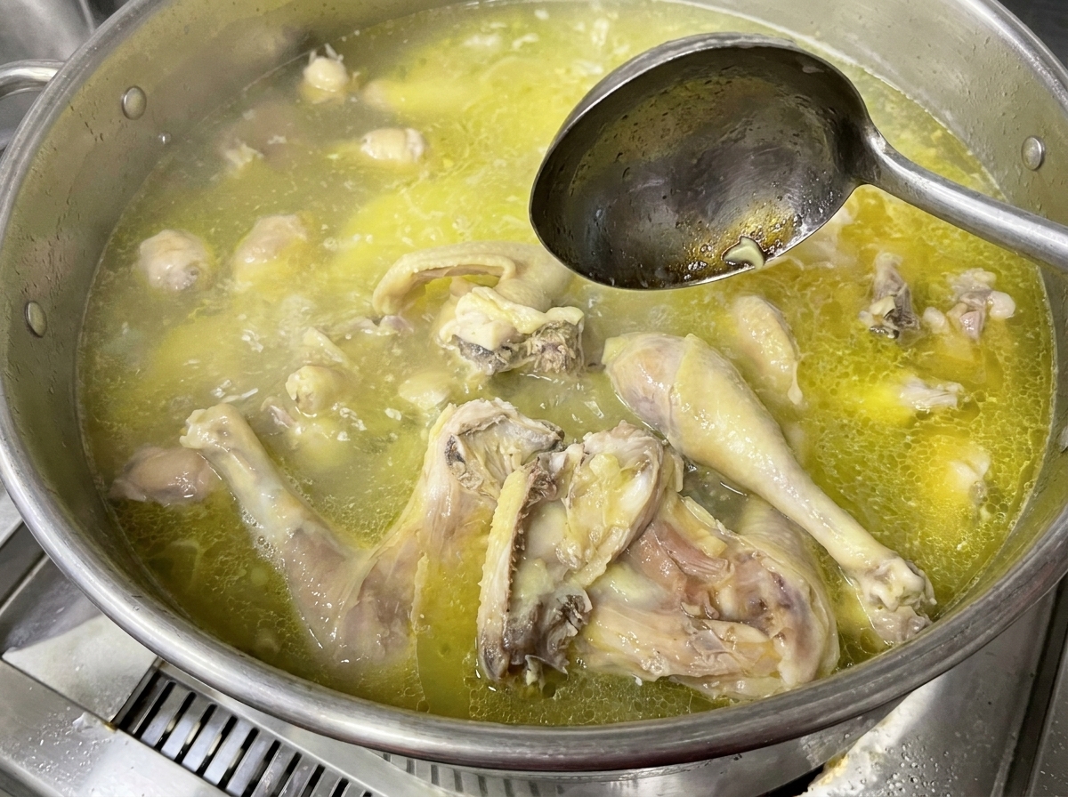Ladle skimming gray foam from the surface of simmering chicken broth.
