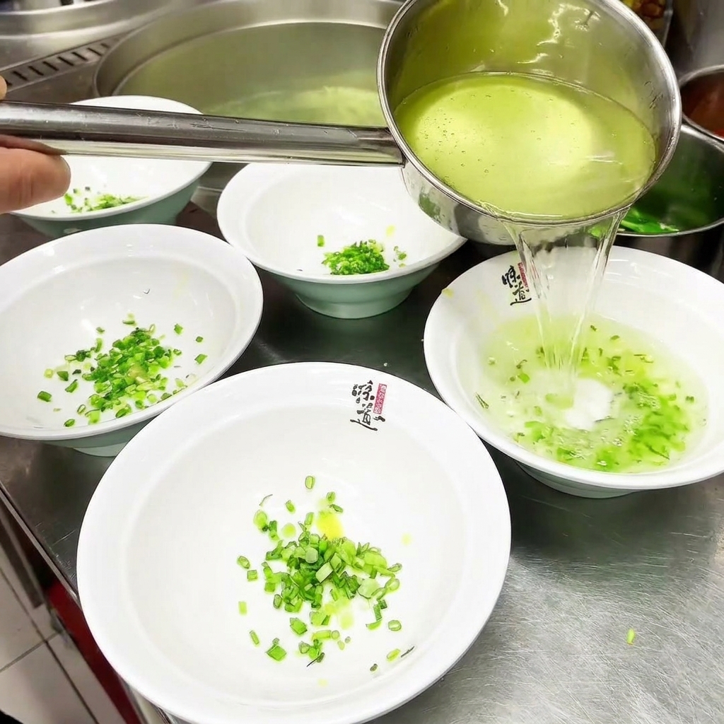 Golden chicken broth being ladled into white bowls over fresh scallions.