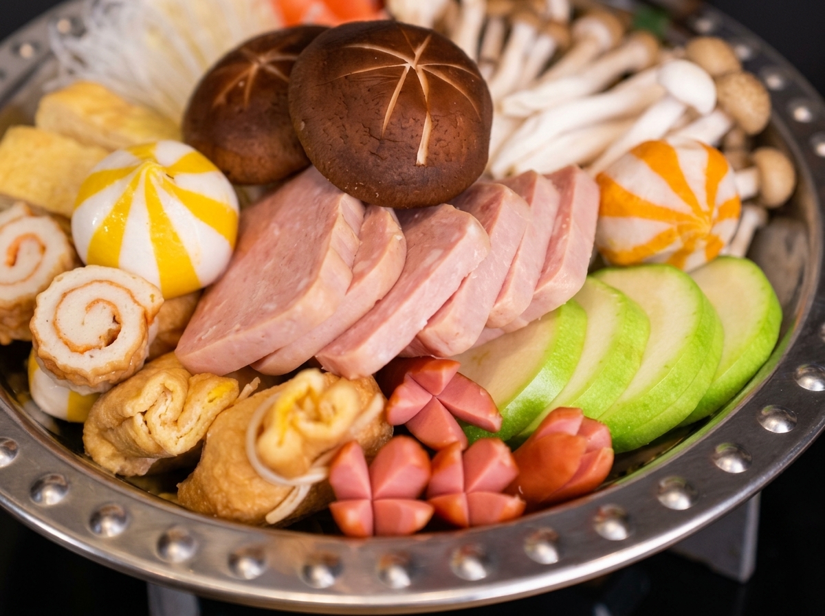 Red Korean spicy sauce being poured over the arranged ingredients inside a metal pot.
