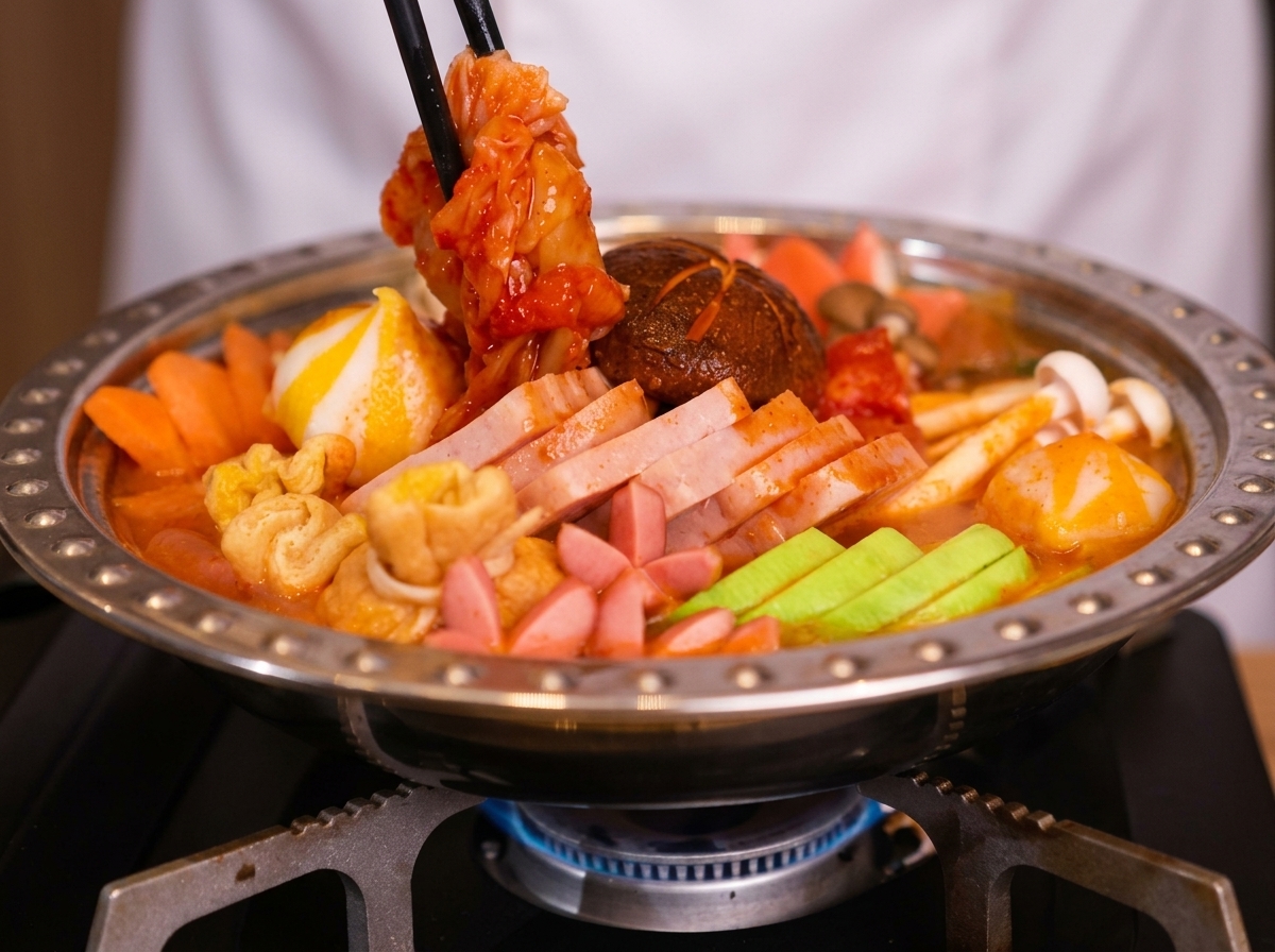 A portion of kimchi being added to the pot with chopsticks, with a slice of processed cheese ready to be placed on top.