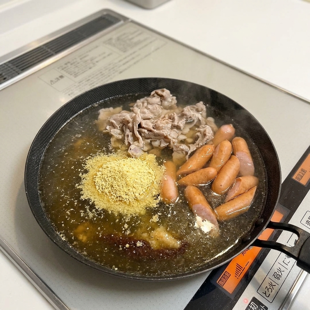 Garlic paste being mixed into the aromatic broth.