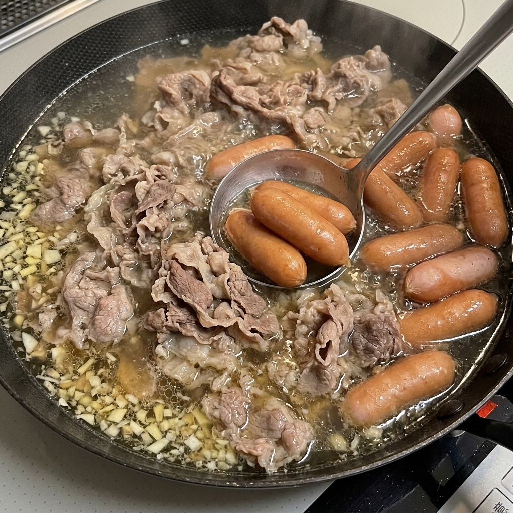 Fresh bean sprouts and sliced green onions being added to the bubbling Korean Army Stew broth.