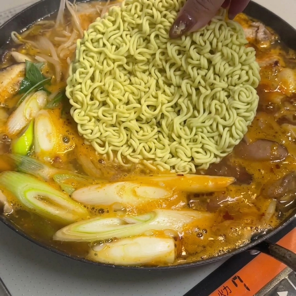 A block of instant noodles and sliced white rice cakes being placed into the seasoned, bubbling broth.